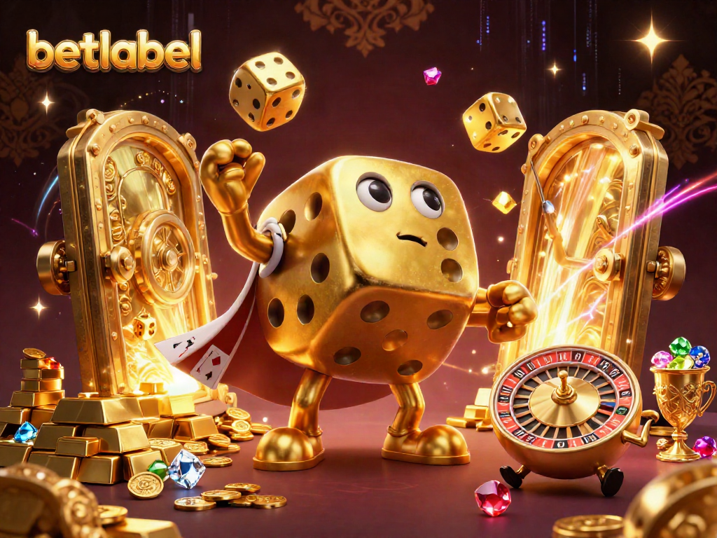 Betlabel casino characters in a vibrant scene showcasing golden dice and treasure, bringing excitement to gaming.