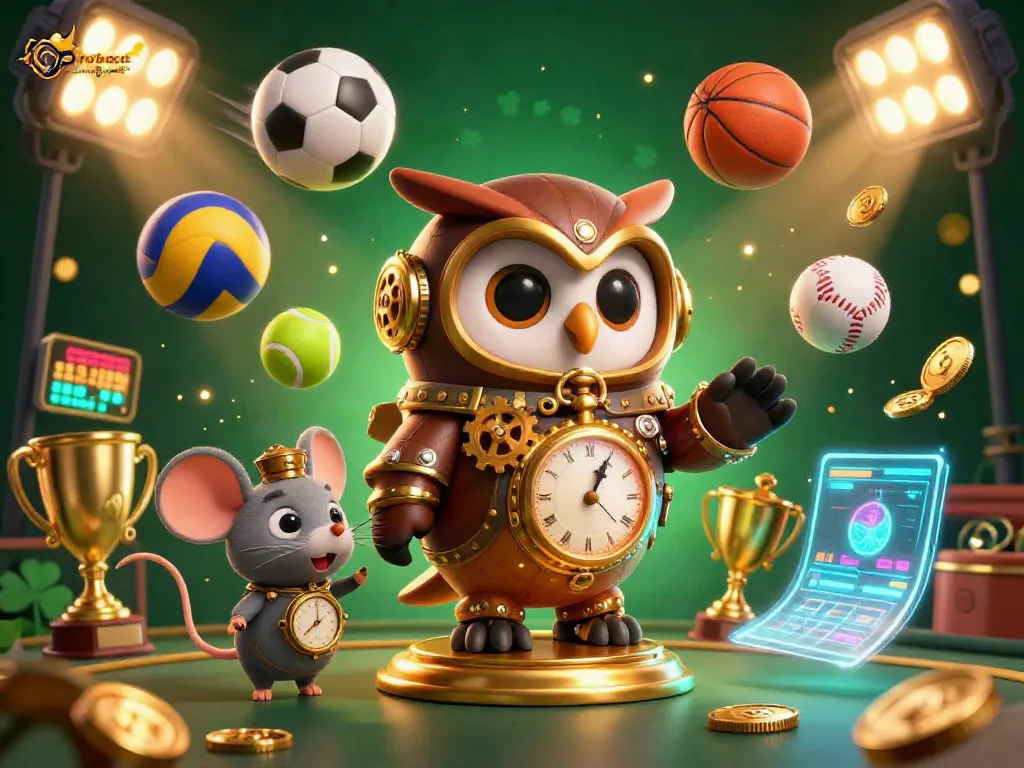 Engage with robocat casino españa featuring a whimsical owl and a clockwork mouse amid dynamic sports elements and casino charm.