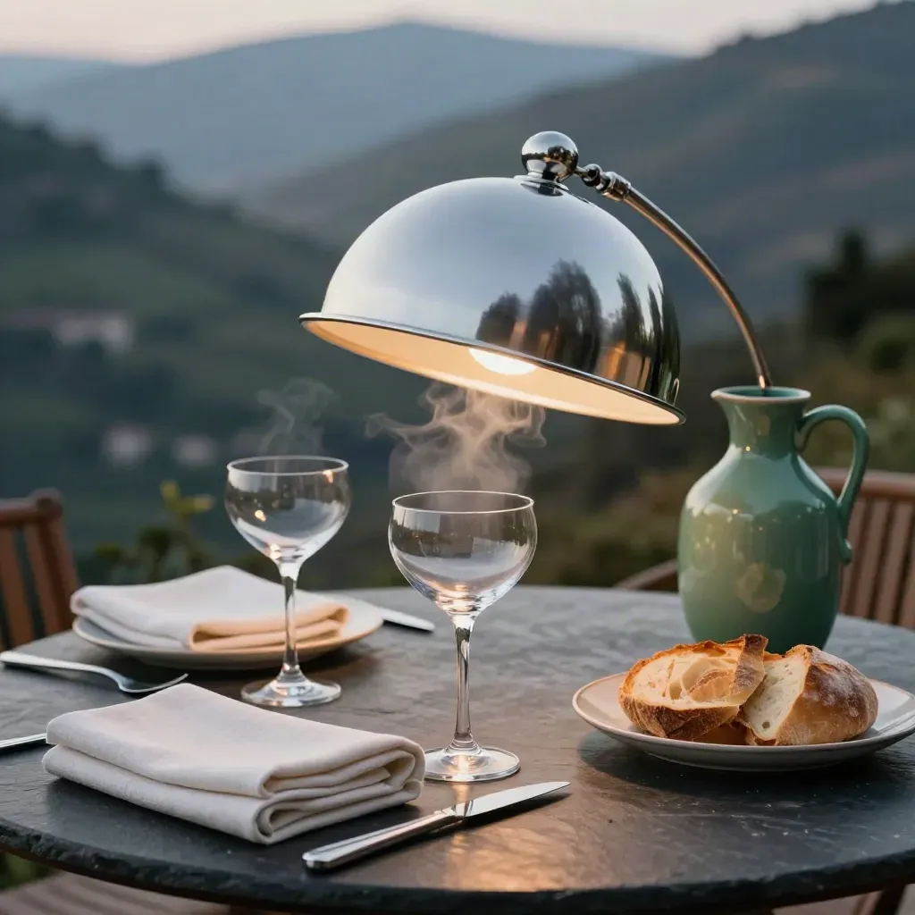 Escena romántica en terraza con copa, bandeja, lino y vapor sobre valle al atardecer.