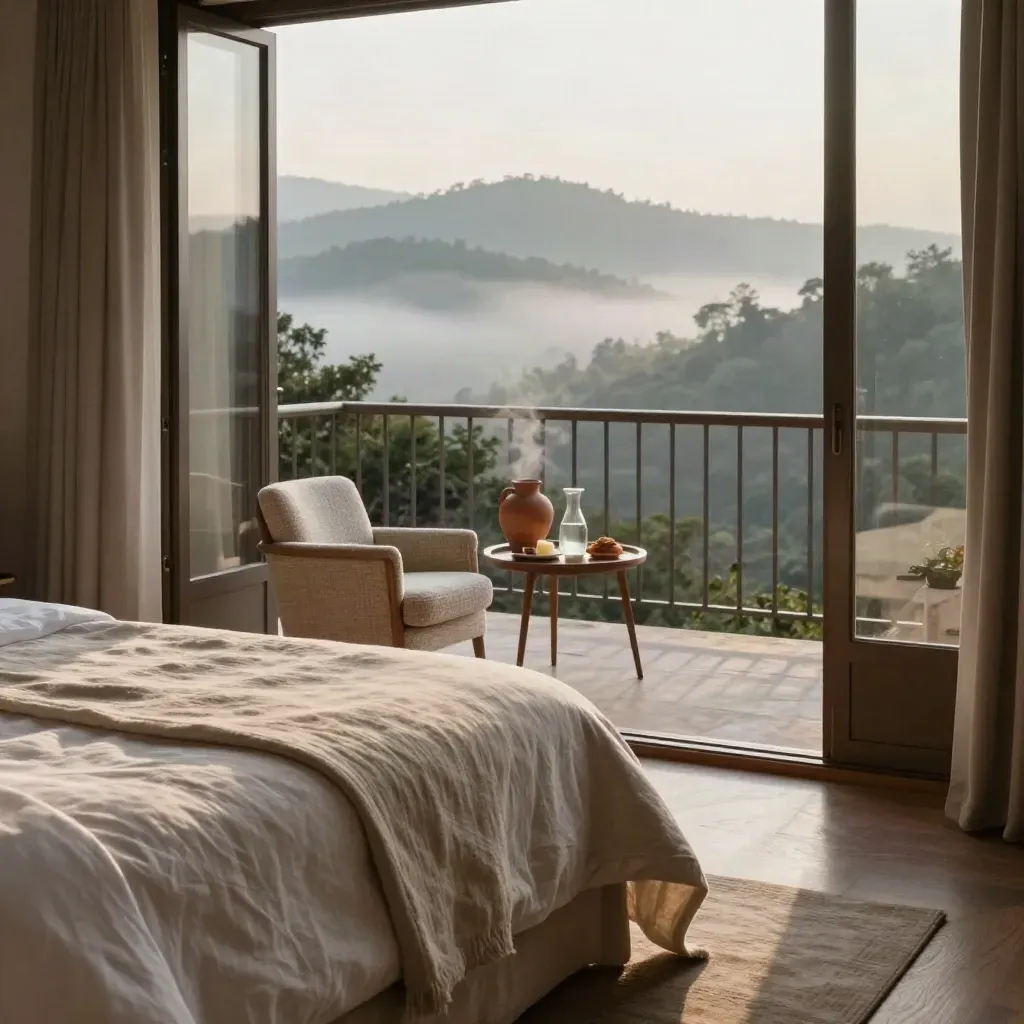 Suite doble con balcón abierto, desayuno en bandeja y niebla del valle al amanecer.