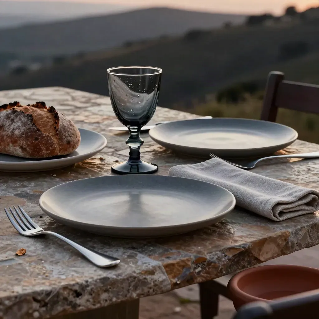 Cena elegante para dos sobre piedra cálida, con pan, copa oscura y servilleta de lino.
