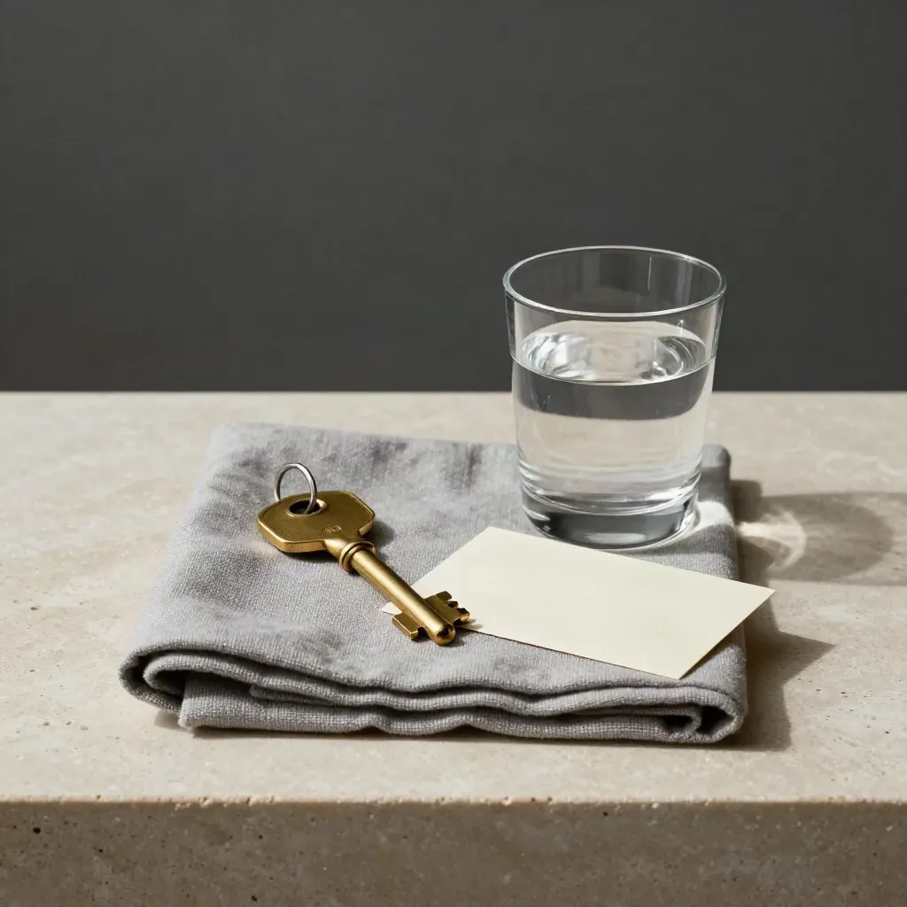 Llave, lino y copa pequeña sobre base crema, una escapada doble de hotel boutique.