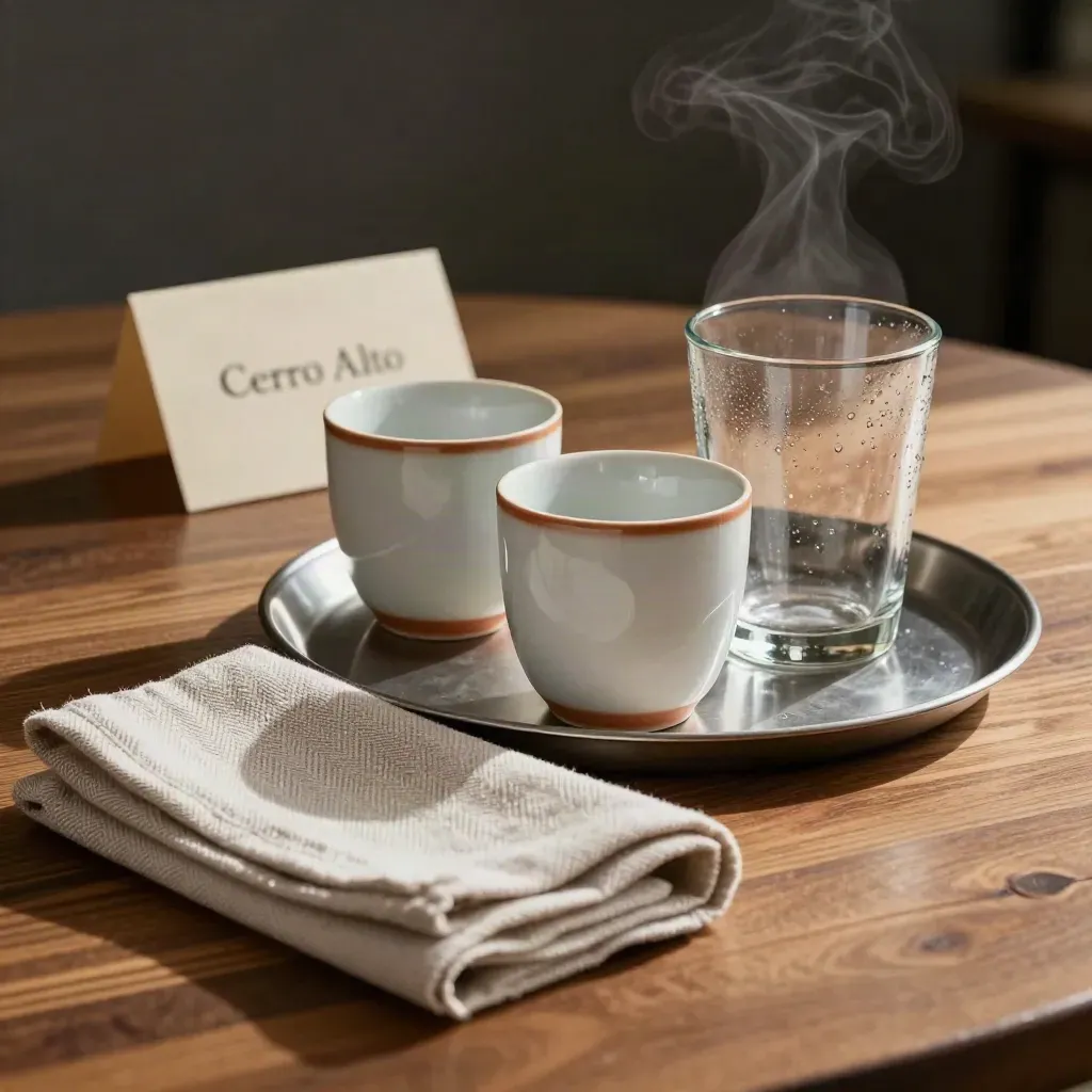 Detalle macro de café para evento privado con tazas de porcelana, vaso de agua y servilletas.
