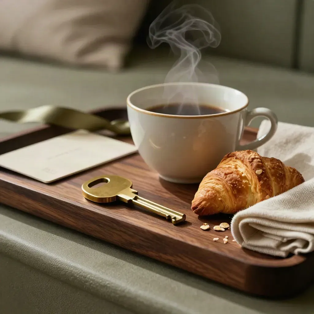 Llave, taza humeante, croissant y lino doblado sobre bandeja de hotel.