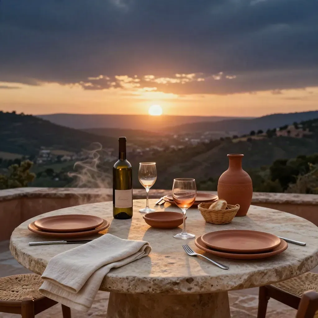 Mesa de terraza con vajilla terracota, vino y lino crema ante un valle al atardecer.