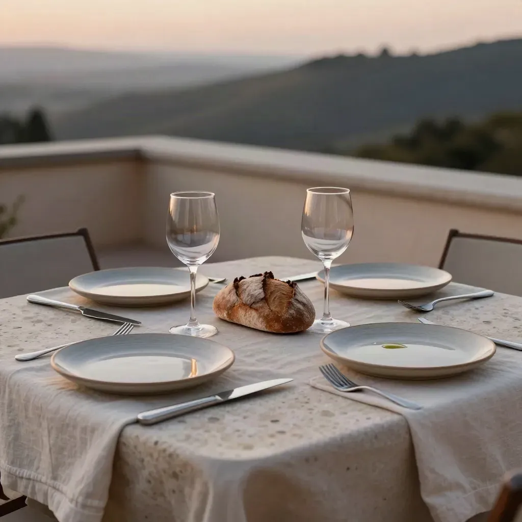 Mesa de cena al atardecer en terraza rural con copas, pan y platos vacíos