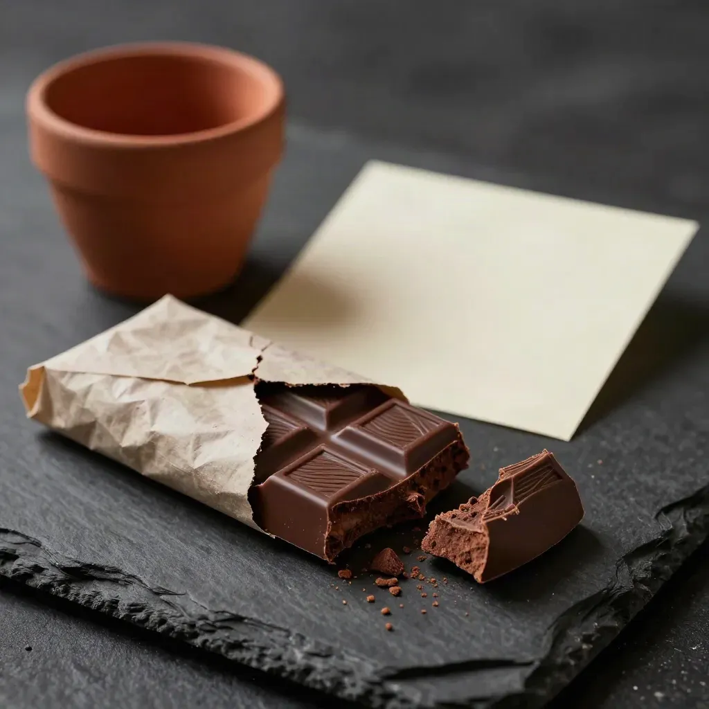 Macrodetalle de chocolate partido junto a una nota doblada y una taza pequeña sobre pizarra oscura.