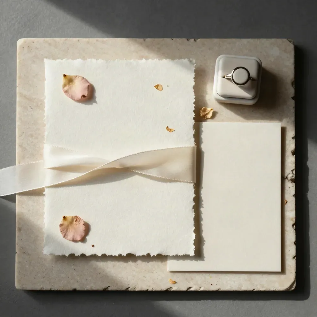 Flatlay cenital de pack de boda íntima con papel algodón, cinta marfil, pétalos secos y caja de anillo.
