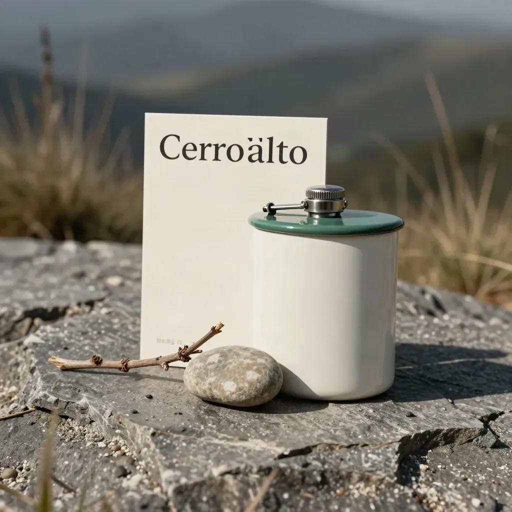 Kit senderista con tarjeta crema, cantimplora esmaltada, piedra lisa y ramita sobre una roca.