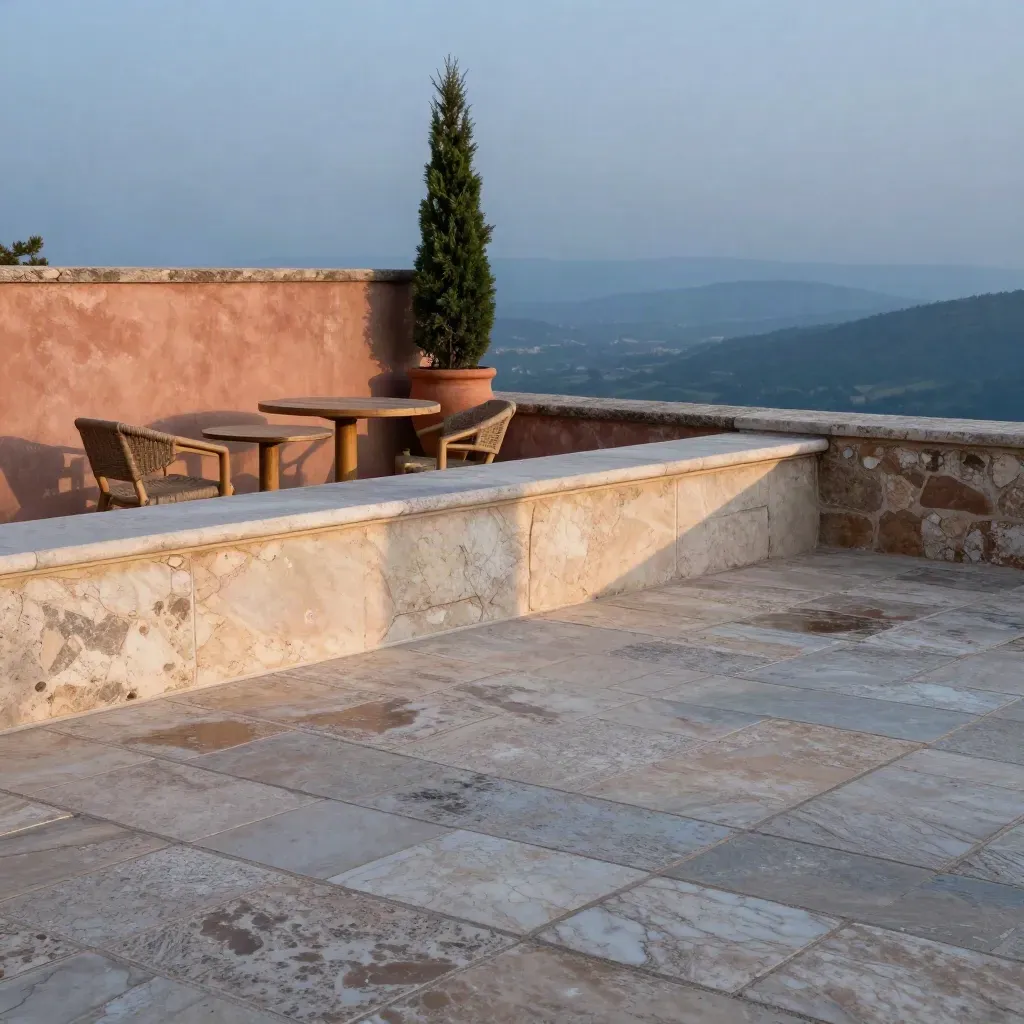 Terraza de piedra al atardecer con mesas vacías y valle azulado en bruma.