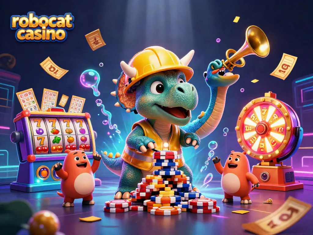 Join the fun at robocat casino with a lively casino-themed illustration, featuring a triceratops and vibrant slot elements.